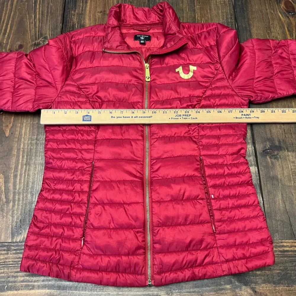 True Religion Puffer‎ Jacket Women Red Full Zip Hooded Quilted Down Insulated